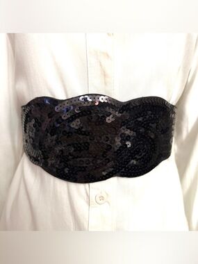 Black PU leather elastic waistband belt with sequin details